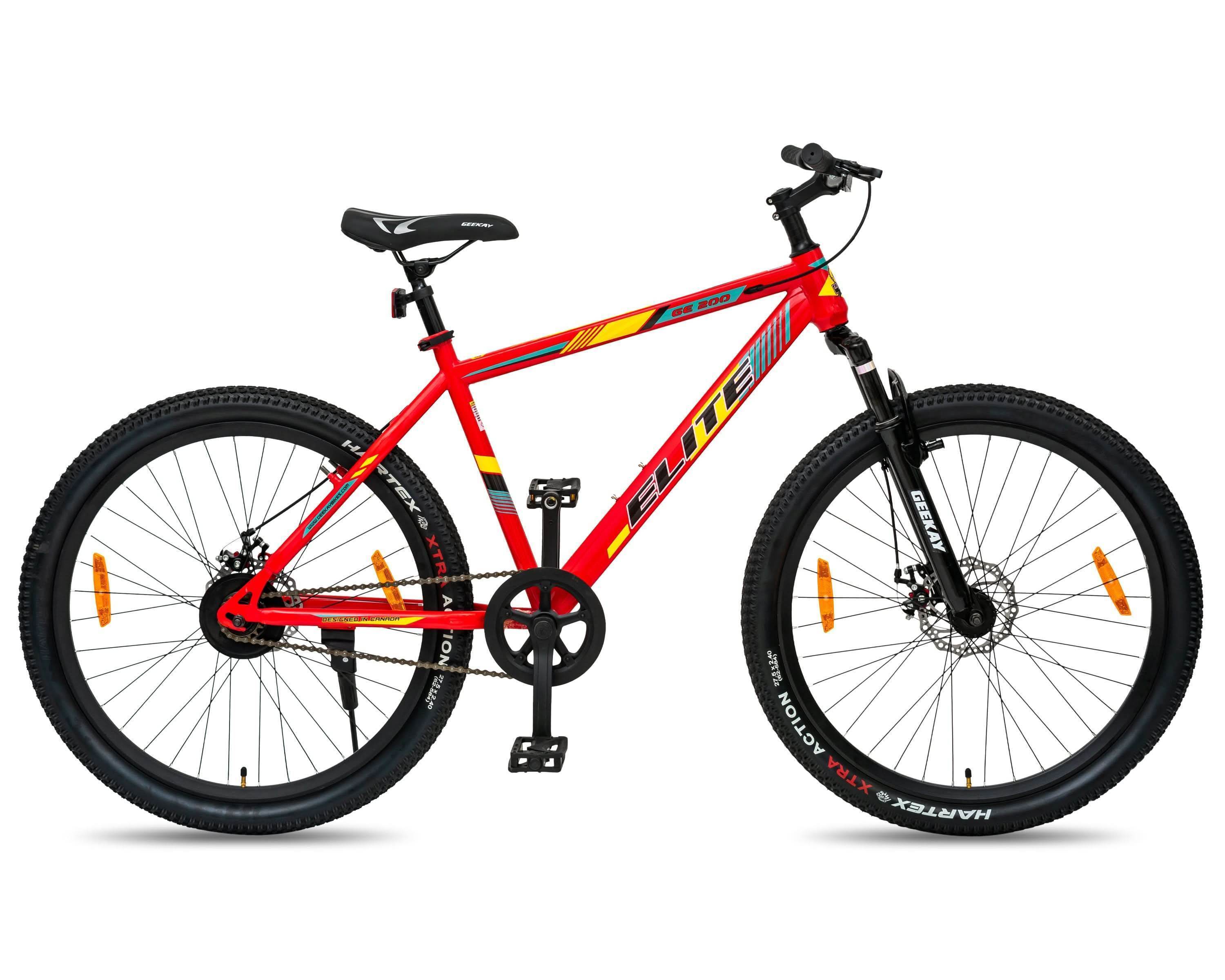 Red mtb cycle with disc brakes