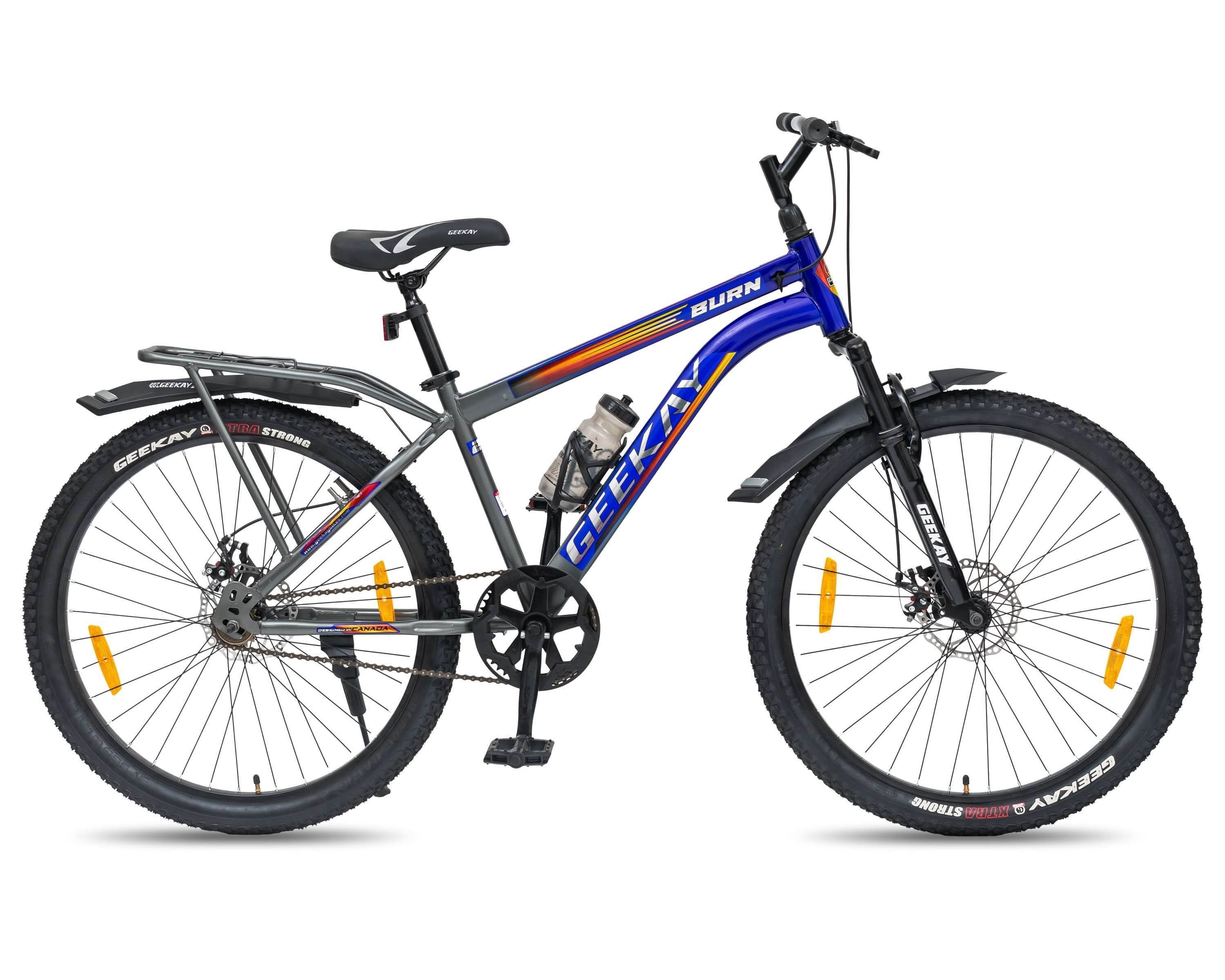 Blue bicycle with disc brakes