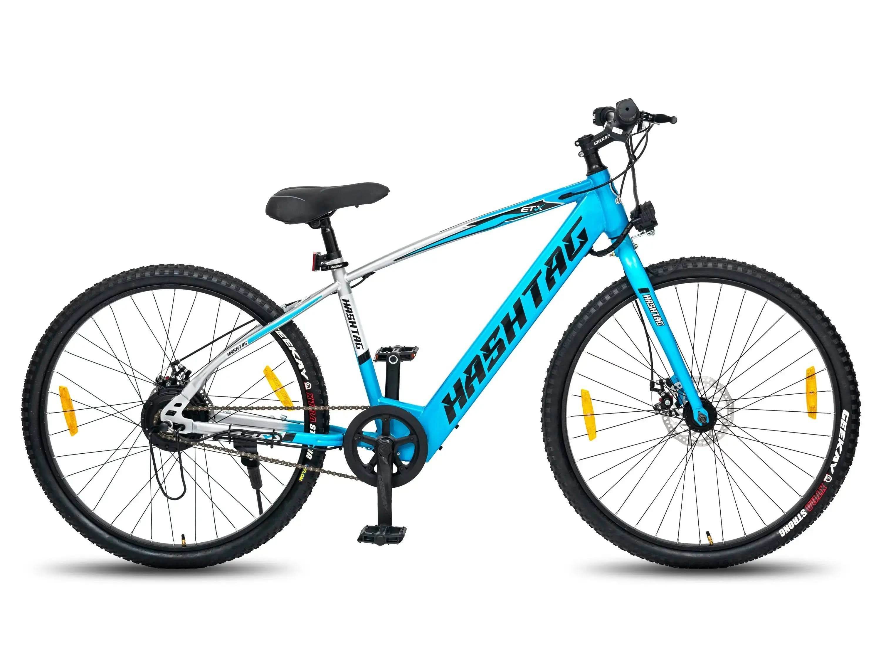 Sky blue bicycle with disc brakes